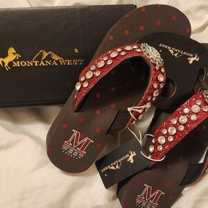 Montana West Red Rhinestone Flip Flops